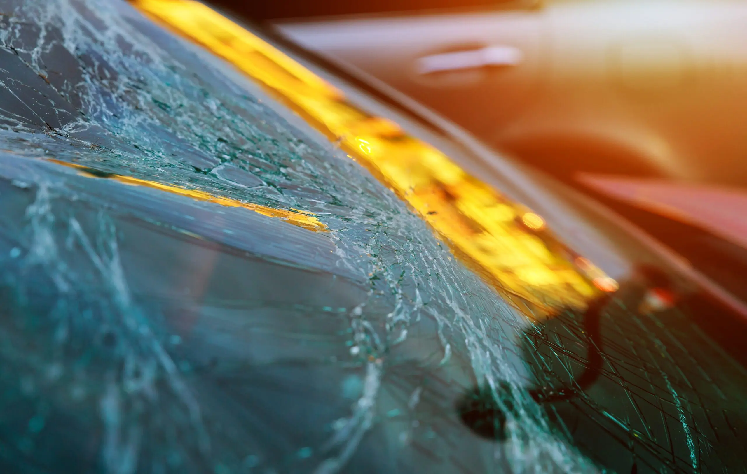 Broken tempered glass on a car window after an impact