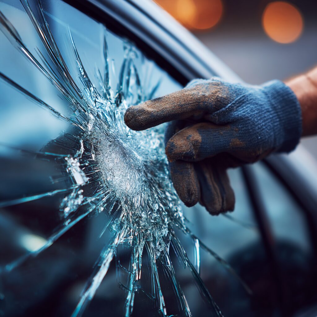 Gloved hand next to a shattered car side window before replacement